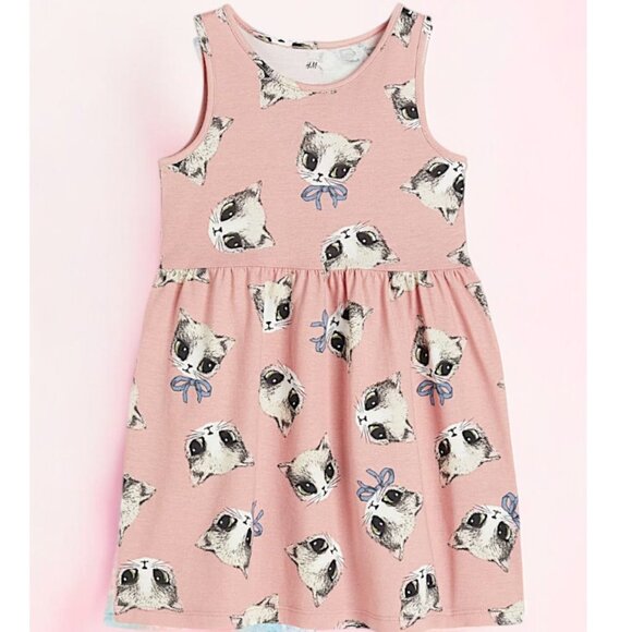 H&M Super Cute Pink Cats Sleeveless dress 100% Cotton Airy & sting free frock - Picture 1 of 4